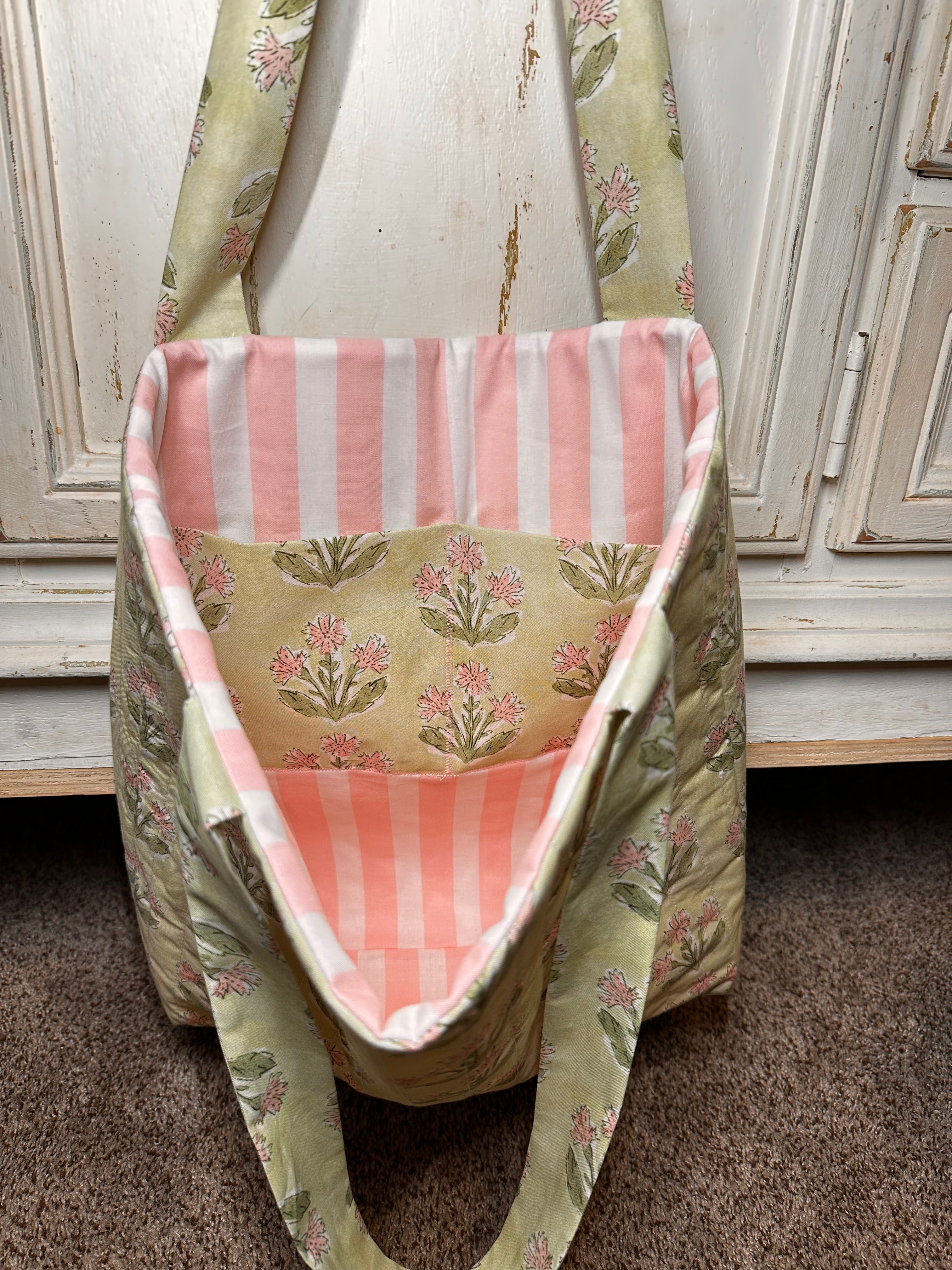 “Boho Wildflower Pink/Green” Quilted Tote