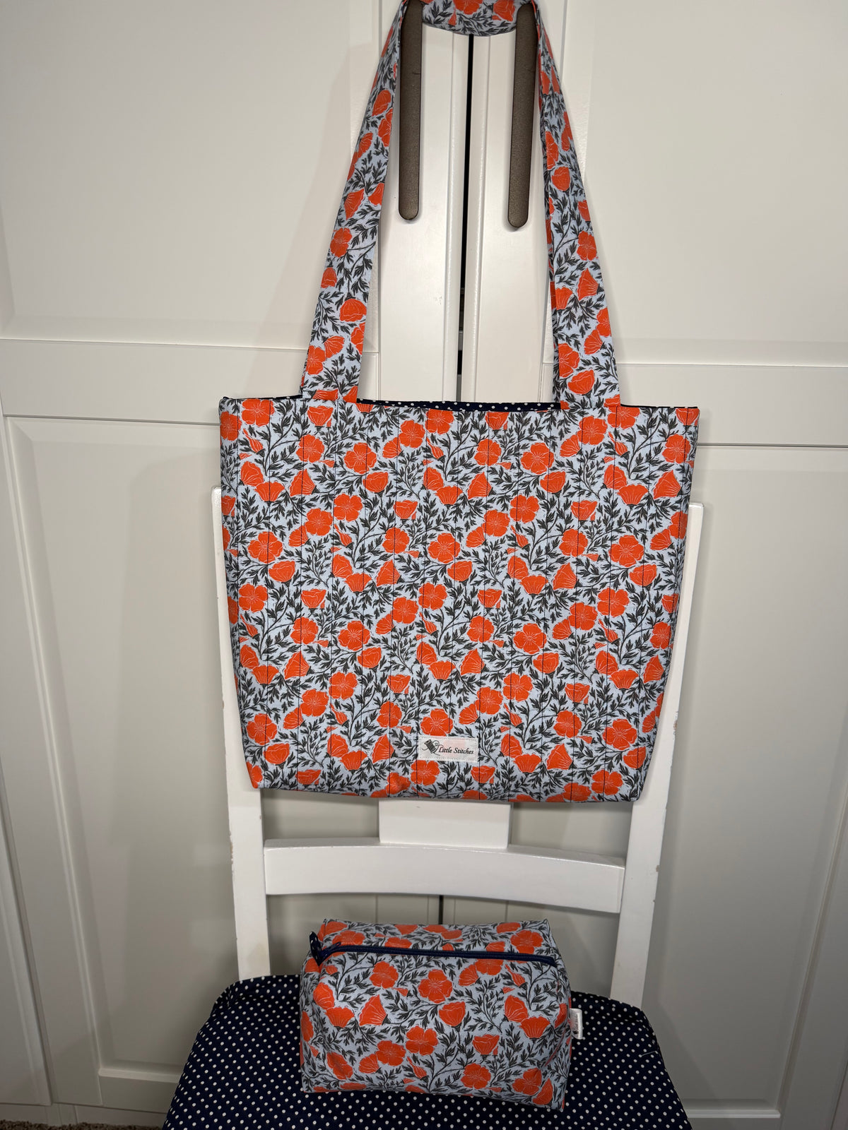 “Orange/Navy Mini Poppy” Quilted Midi Tote