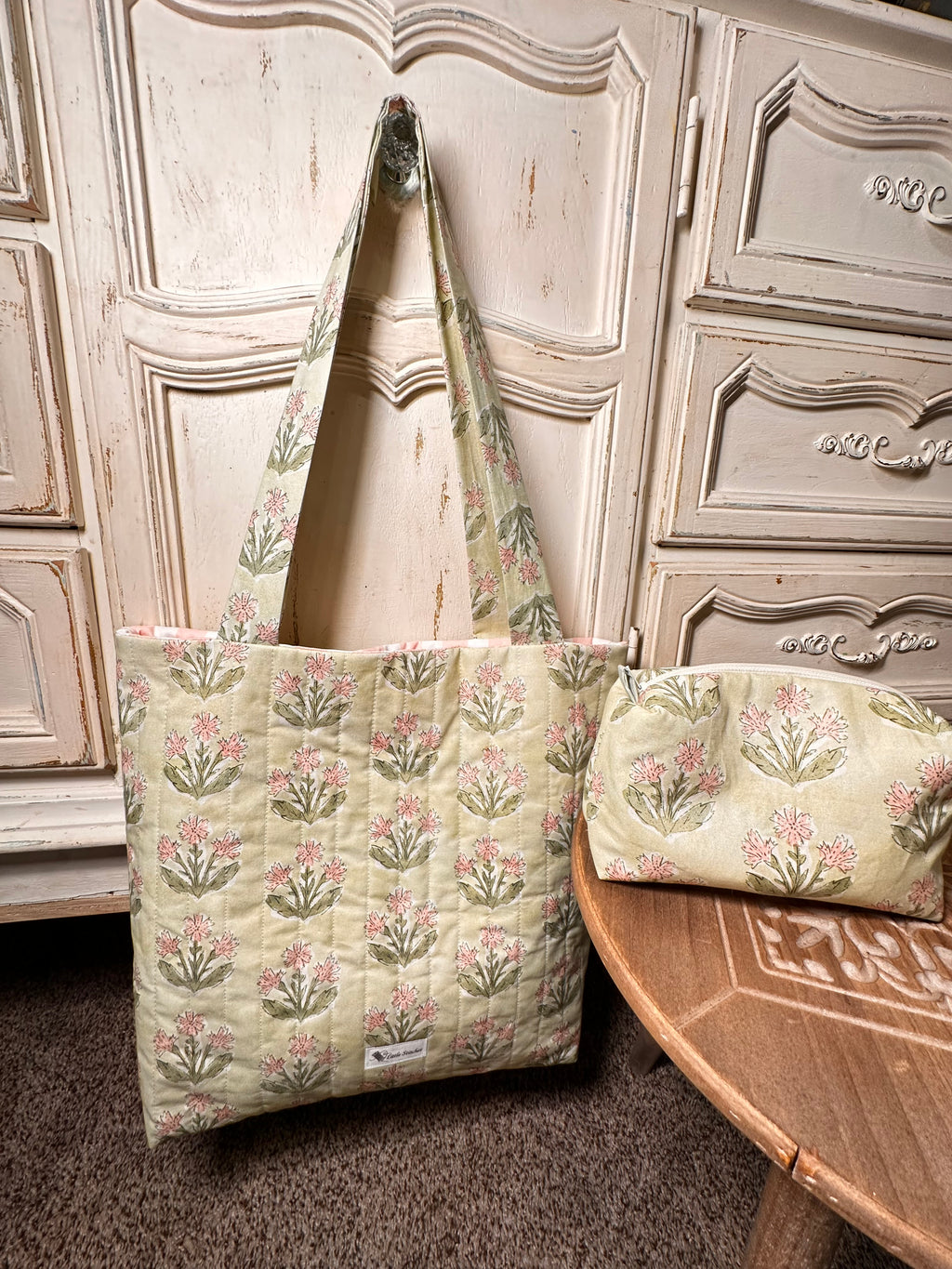 “Boho Wildflower Pink/Green” Quilted Tote